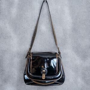 Vintage Y2K Fendi Black Patent Leather FF Turn Lock Shoulder Bag